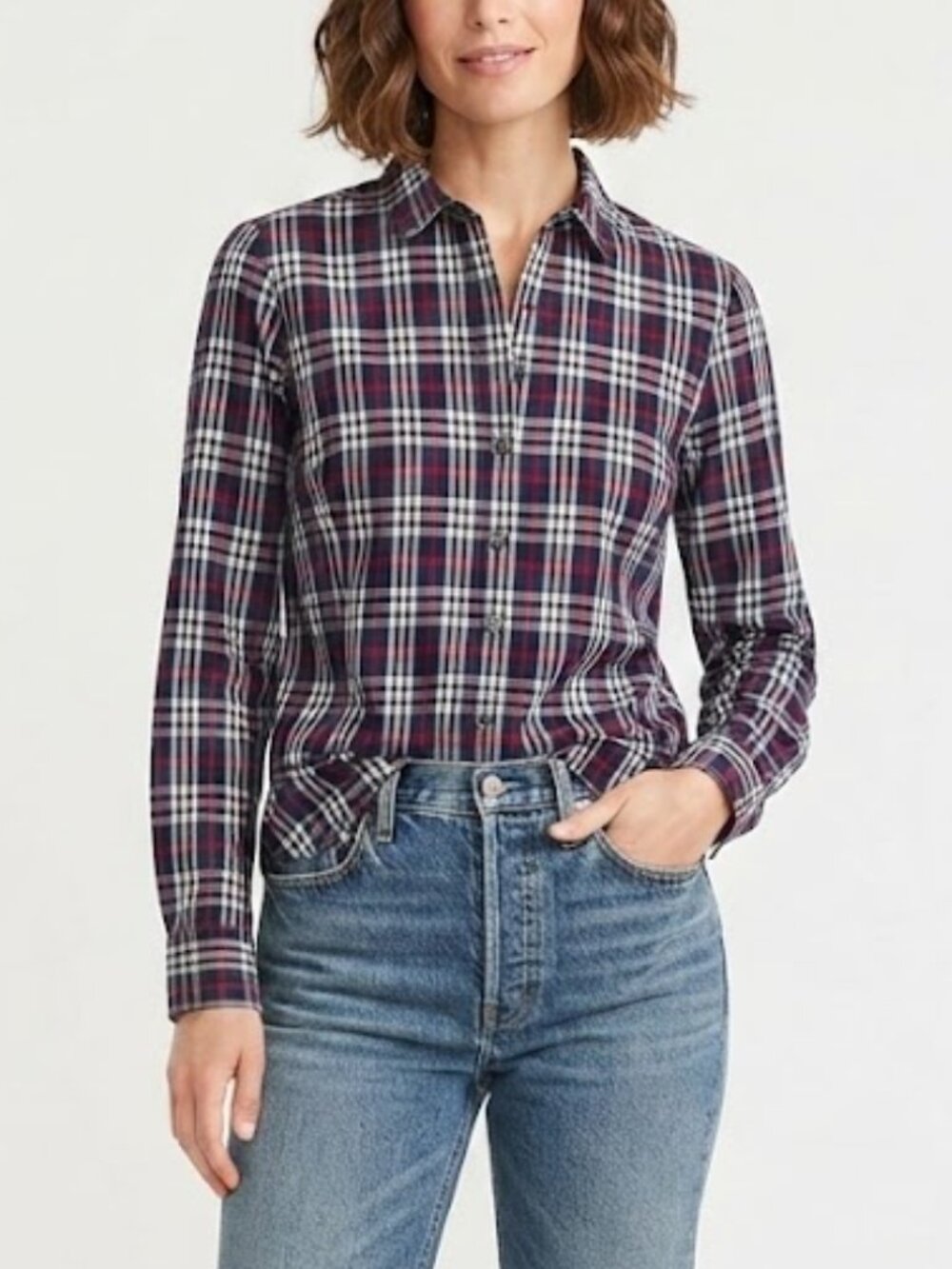 J.Crew The Perfect Shirt Tartan Plaid Button Down Navy Red White Size 10